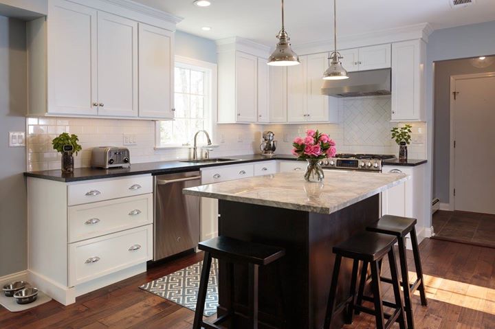 White Transitional Kitchen with Java Island