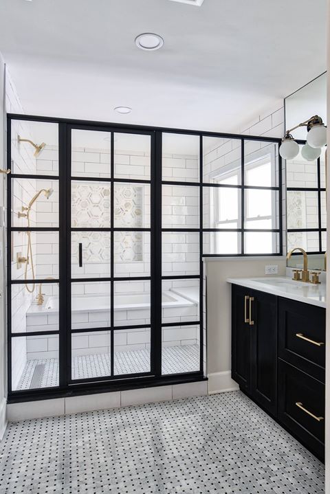 Black & White with Brass Master Bathroom - Summit, NJ