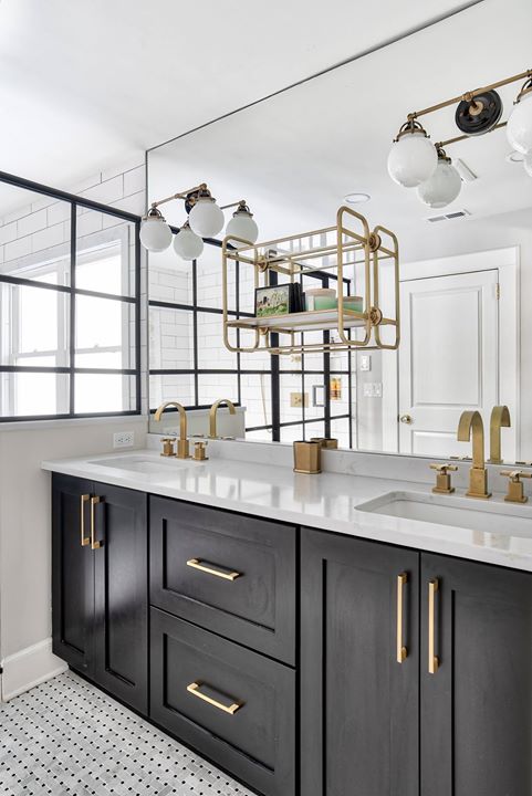 Black & White with Brass Master Bathroom - Summit, NJ