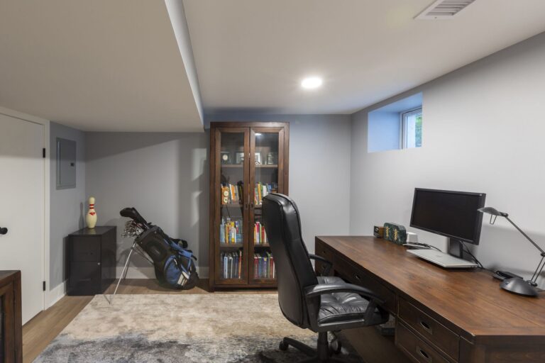 A peaceful workspace in the basement, an ideal setting for focus and productivity