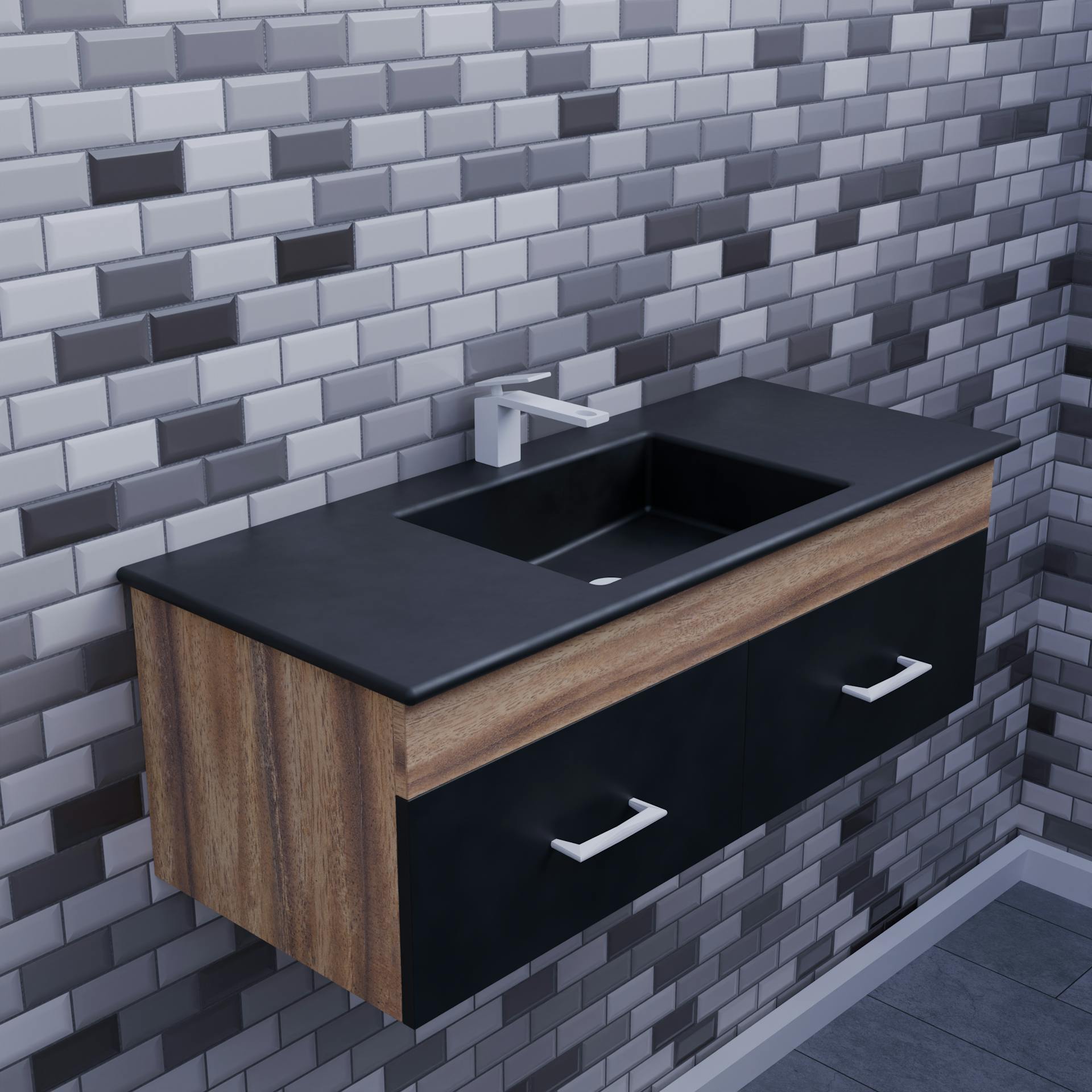 Hall bathroom with open shelving and clean organization