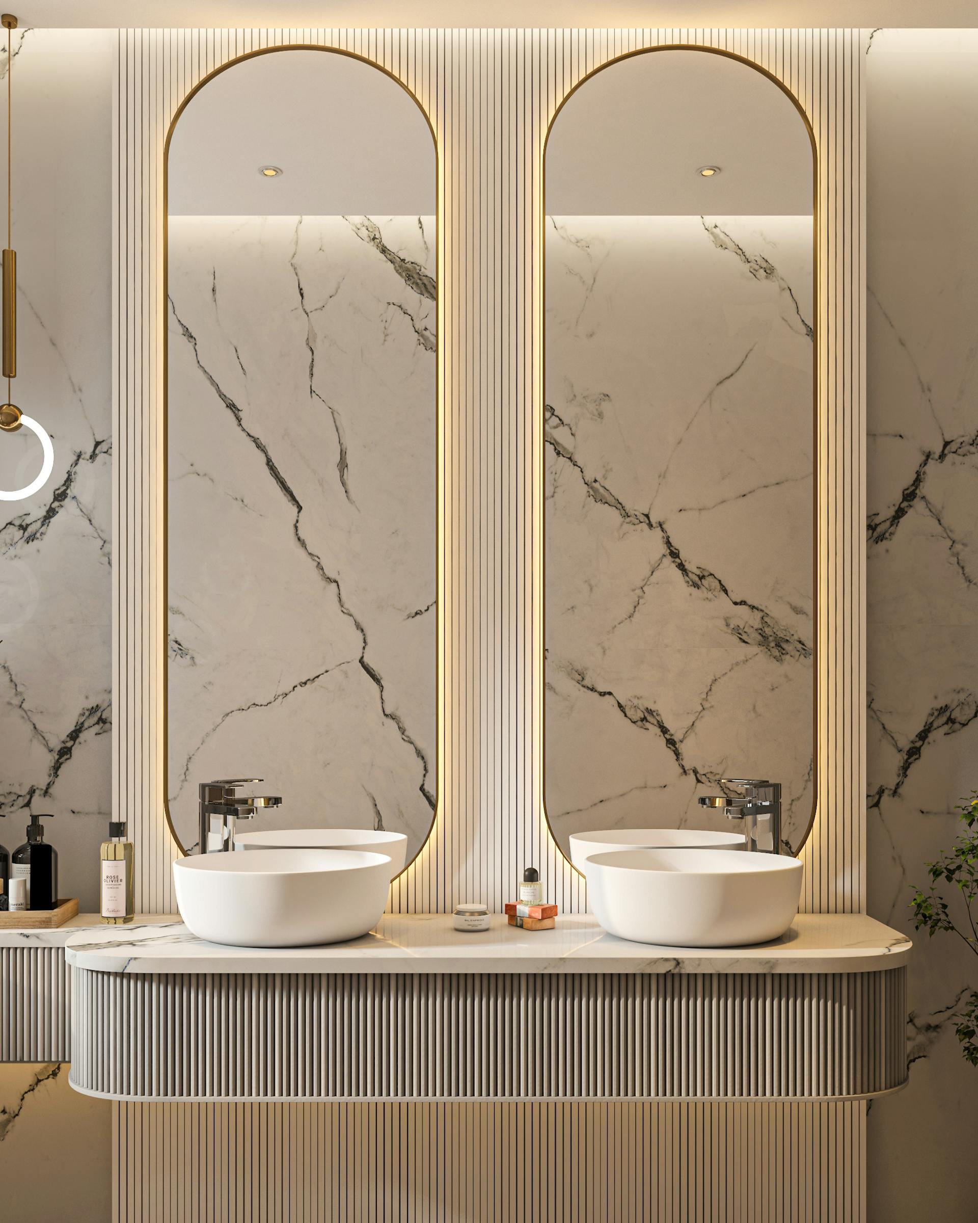 Modern hall bathroom with floating vanity and round mirrors