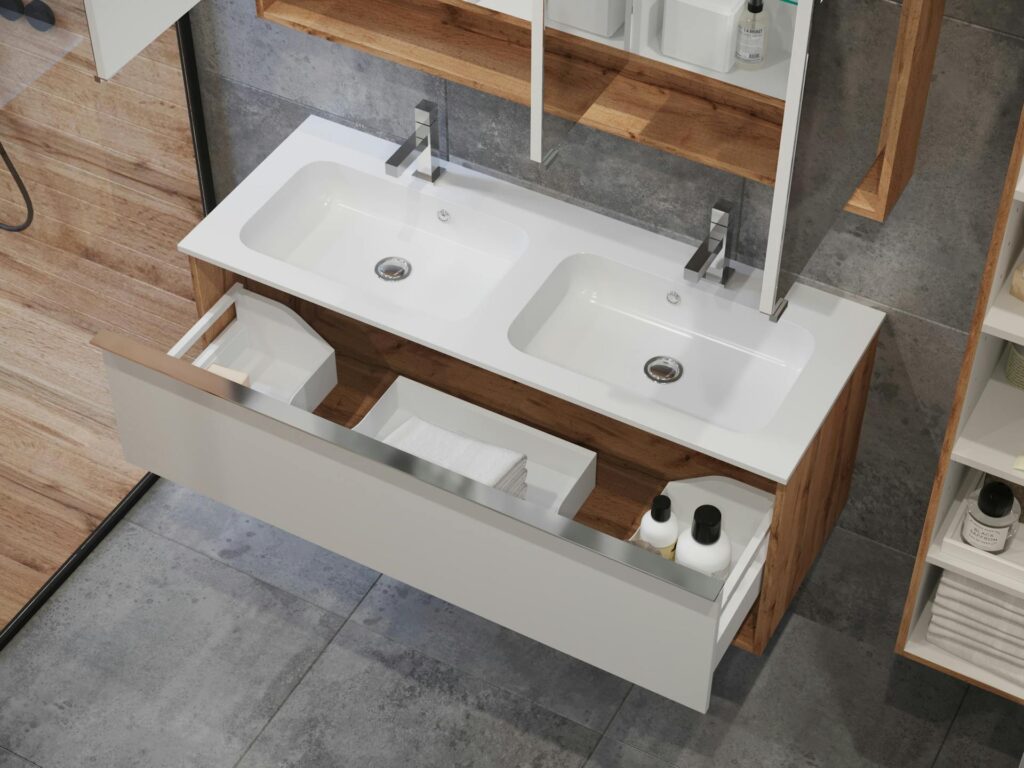 Bathroom with backlit mirror and elegant pendant lights for mood lighting
