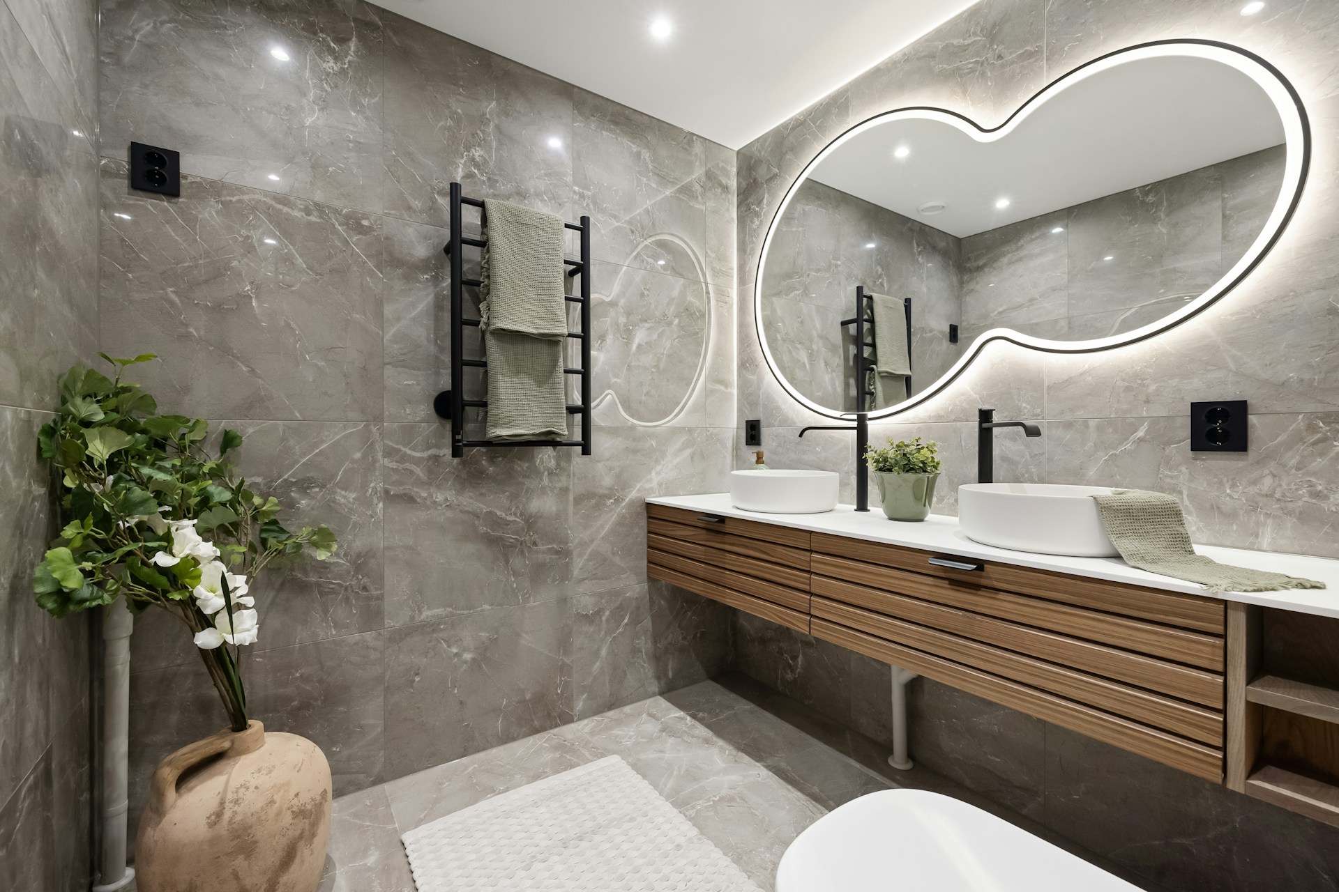 Custom-built shelving and accessories with elegant textures and personal accents