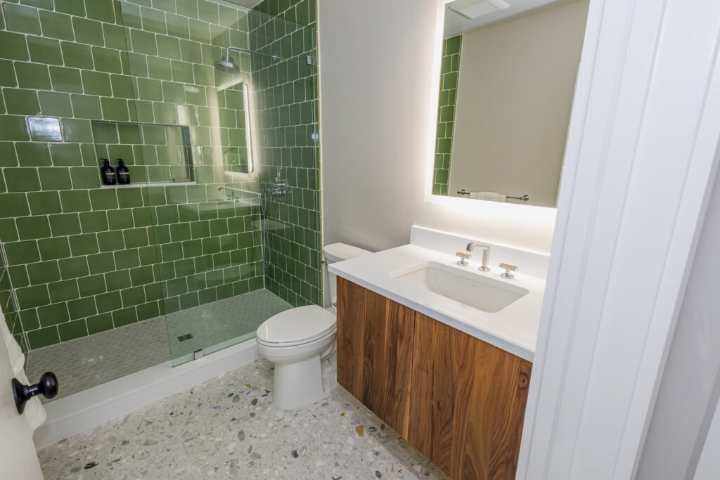 Modern Bathroom Renovation with Floating Vanity & Green Tile Shower | East Hanover NJ