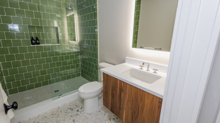 Modern Bathroom Renovation with Floating Vanity & Green Tile Shower | East Hanover NJ