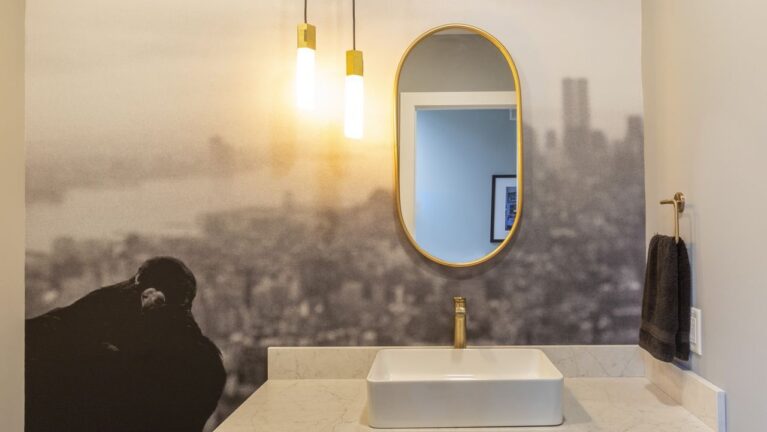 Florham Park Powder Room Remodel with Bold 5-Foot Mural