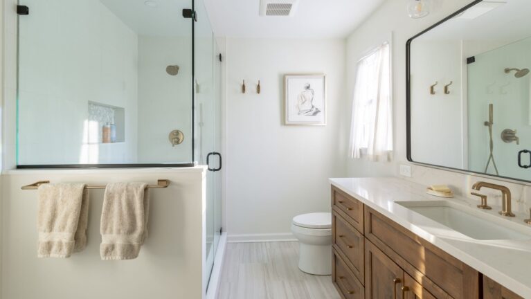 Warm Wood and Brass Bathroom in New Providence NJ