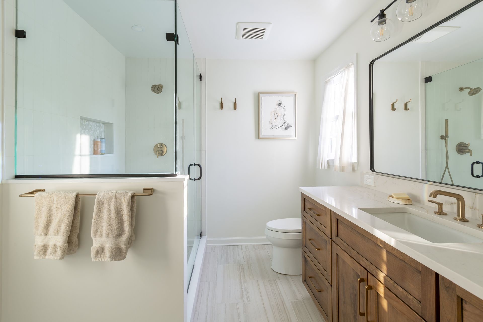 Warm Wood and Brass Bathroom in New Providence NJ