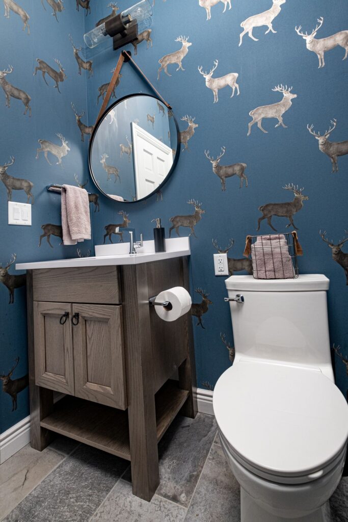 Rustic Powder Room with Bold Wallpaper Accent – Byram NJ Remodel