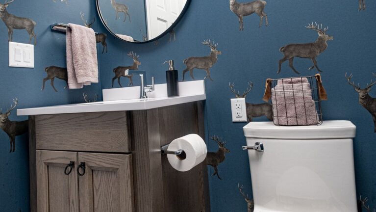 Rustic Powder Room with Bold Wallpaper Accent – Byram NJ Remodel