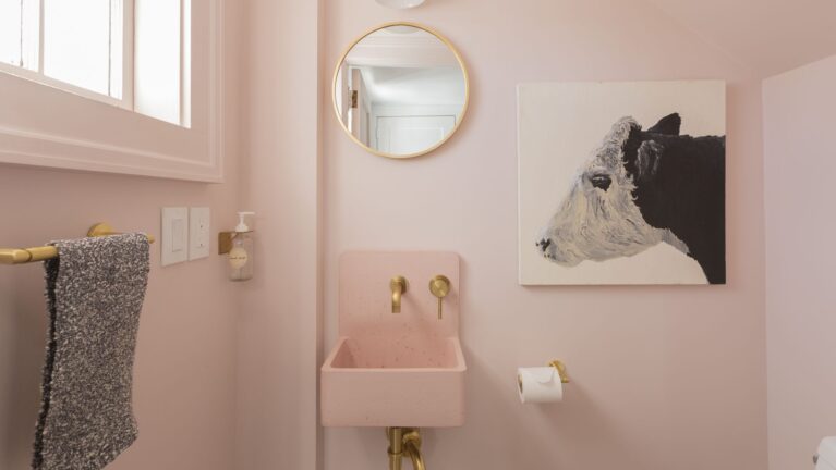 Blush and Brass Powder Room Remodel in Montclair, NJ