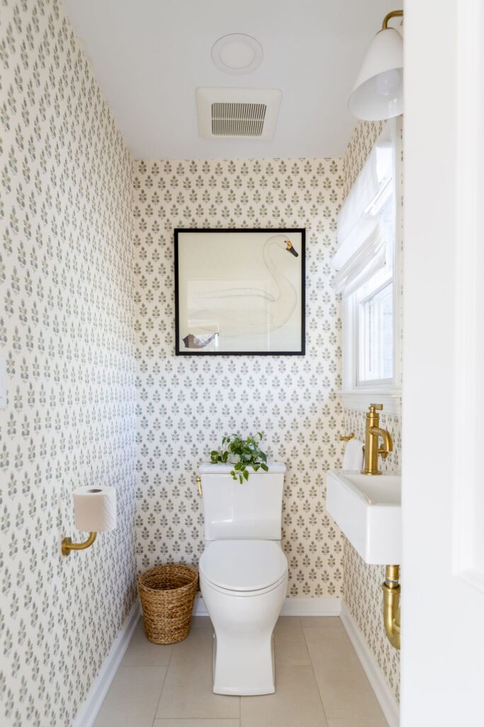 Charming Floral Powder Room with Brass Accents in Chatham, NJ