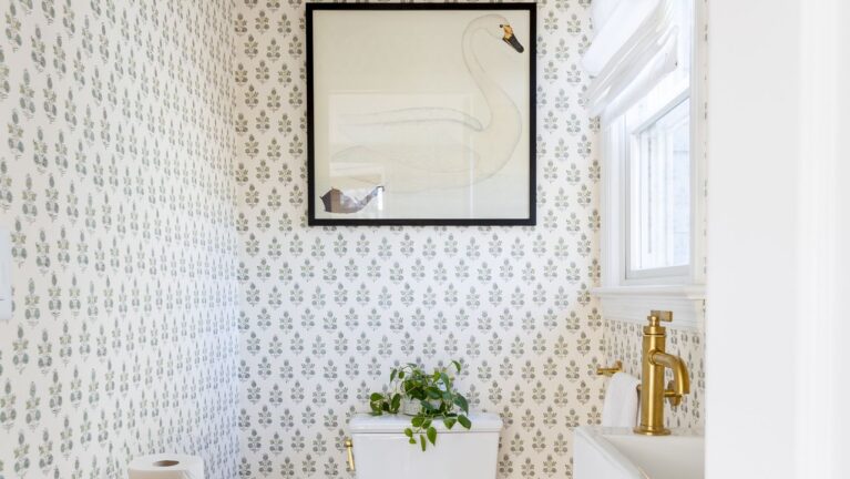 Charming Floral Powder Room with Brass Accents in Chatham, NJ