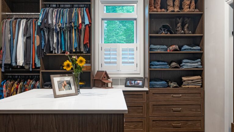 Byram NJ Custom Walk-In Closet with Walnut Cabinetry and Boot Storage