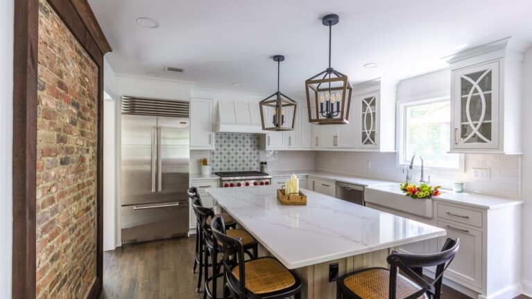 Bright Open Kitchen with Rustic Brick in New Providence NJ