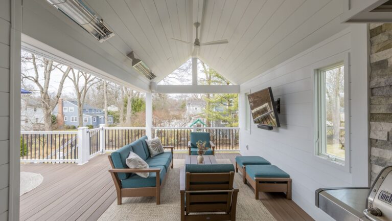 Chatham NJ Backyard Covered Porch and Curved Deck Remodel